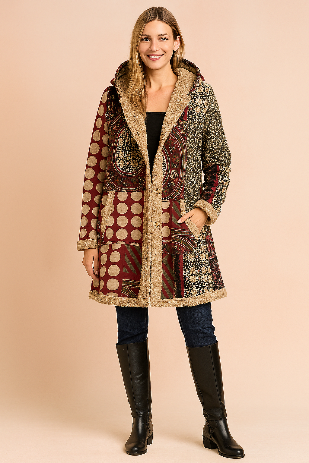 Milena | Long fleece jacket with a hood and a patchwork pattern