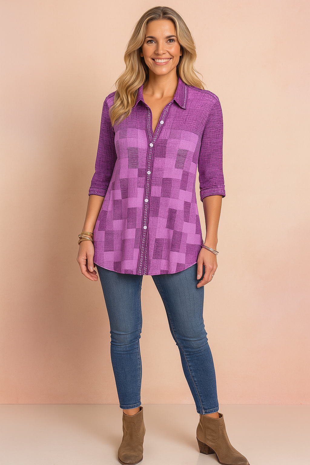 Tressa | Patchwork button-down shirt with 3/4 sleeves