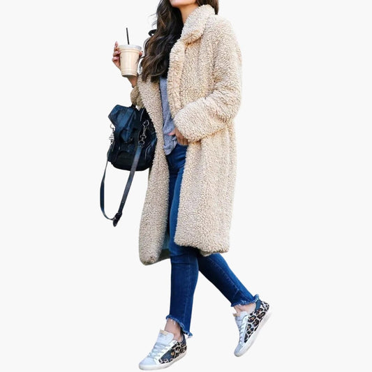 Elegant Women's Long Teddy Coat with Wide Collar for Stylish Layering