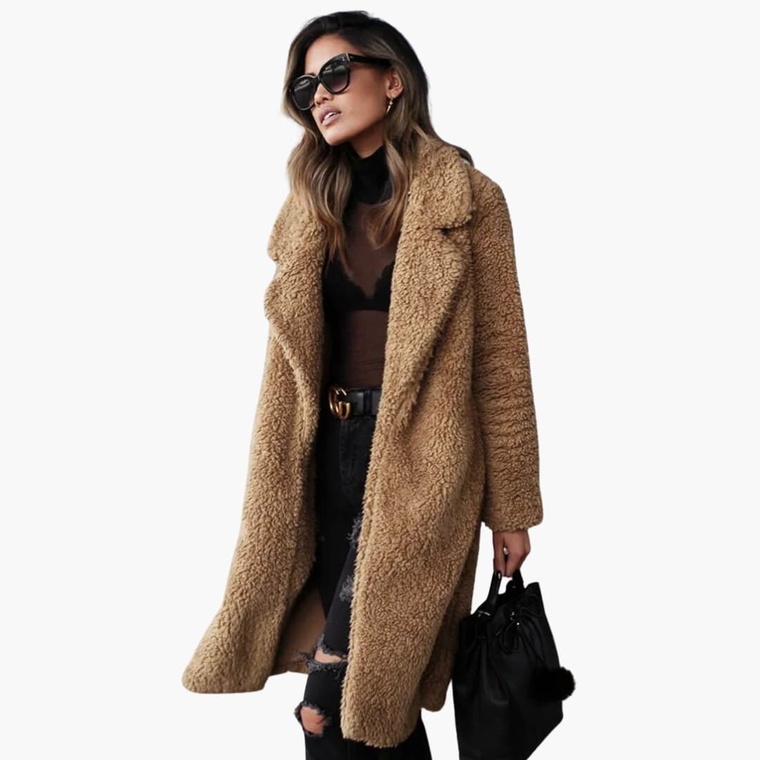 Elegant Women's Long Teddy Coat with Wide Collar for Stylish Layering