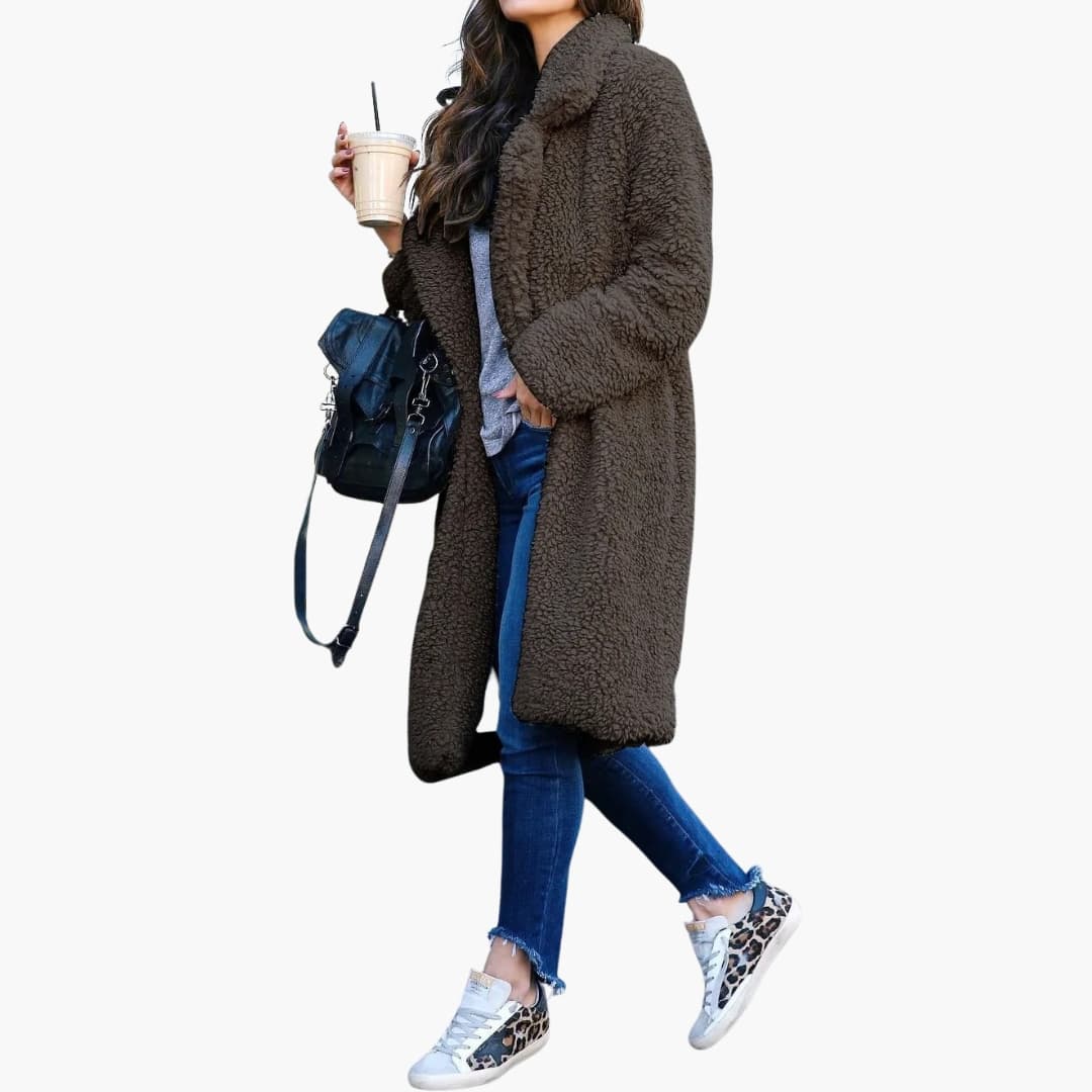 Elegant Women's Long Teddy Coat with Wide Collar for Stylish Layering