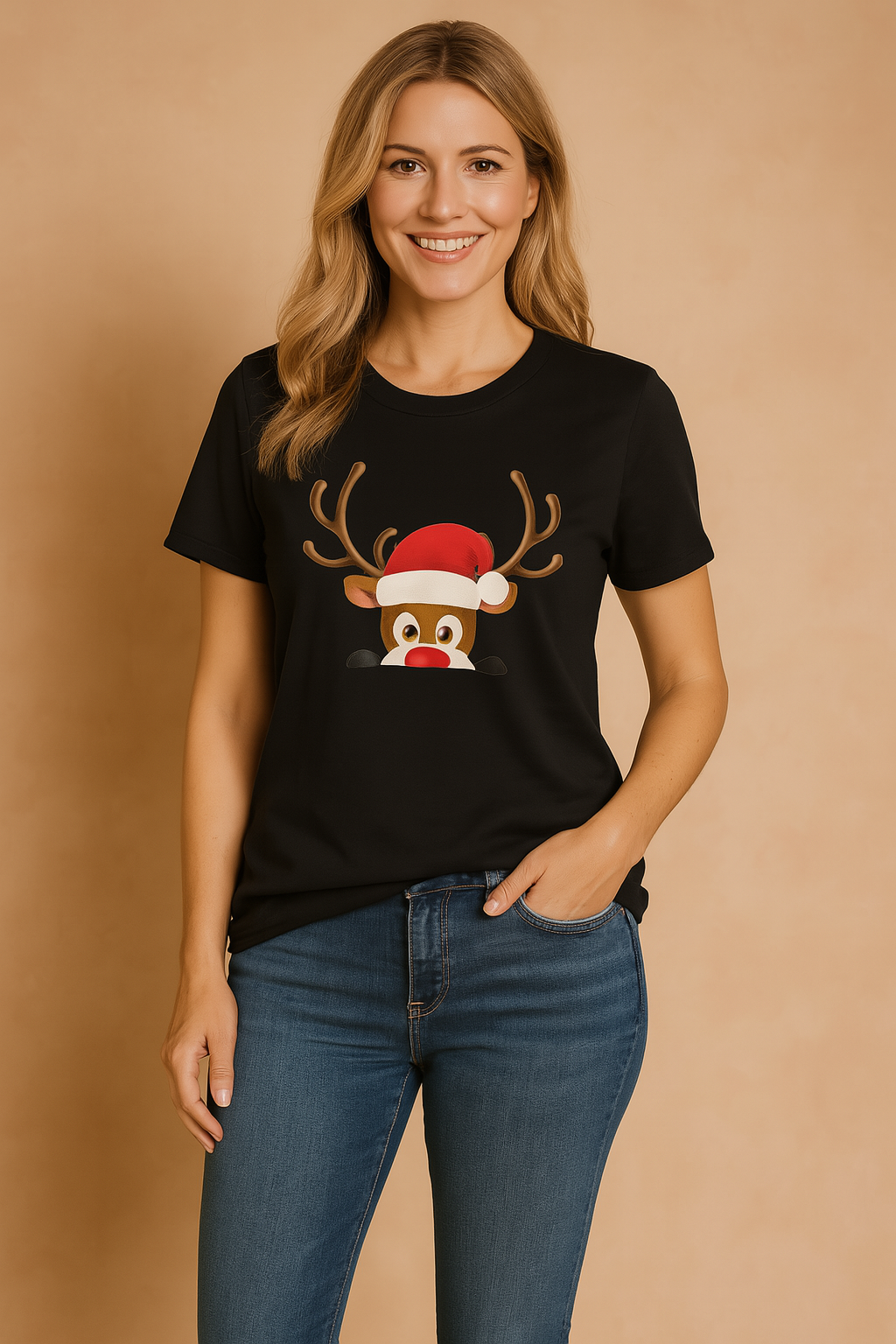 Glenda | Christmas t-shirt with a reindeer in a Christmas hat