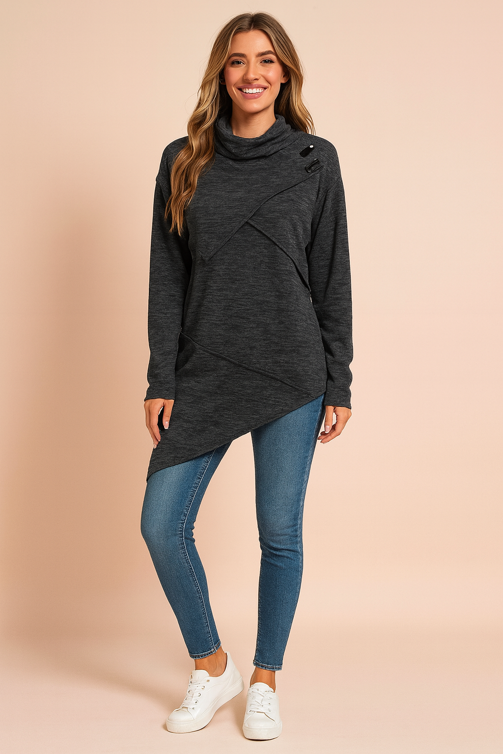 Lidia | Asymmetrical sweater with a decorative clasp