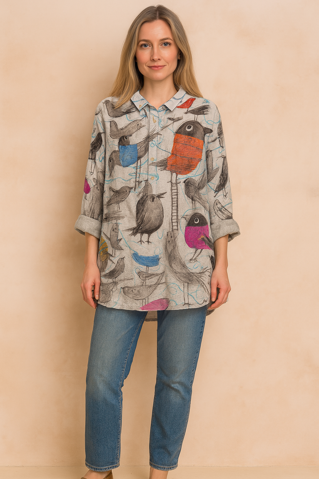 Lillian | | Loose-fitting shirt with a charming bird motif
