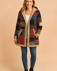 Milena | Long fleece jacket with a hood and a patchwork pattern