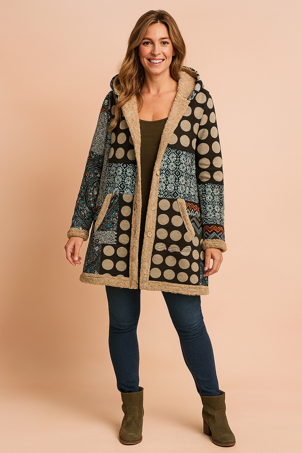 Milena | Long fleece jacket with a hood and a patchwork pattern
