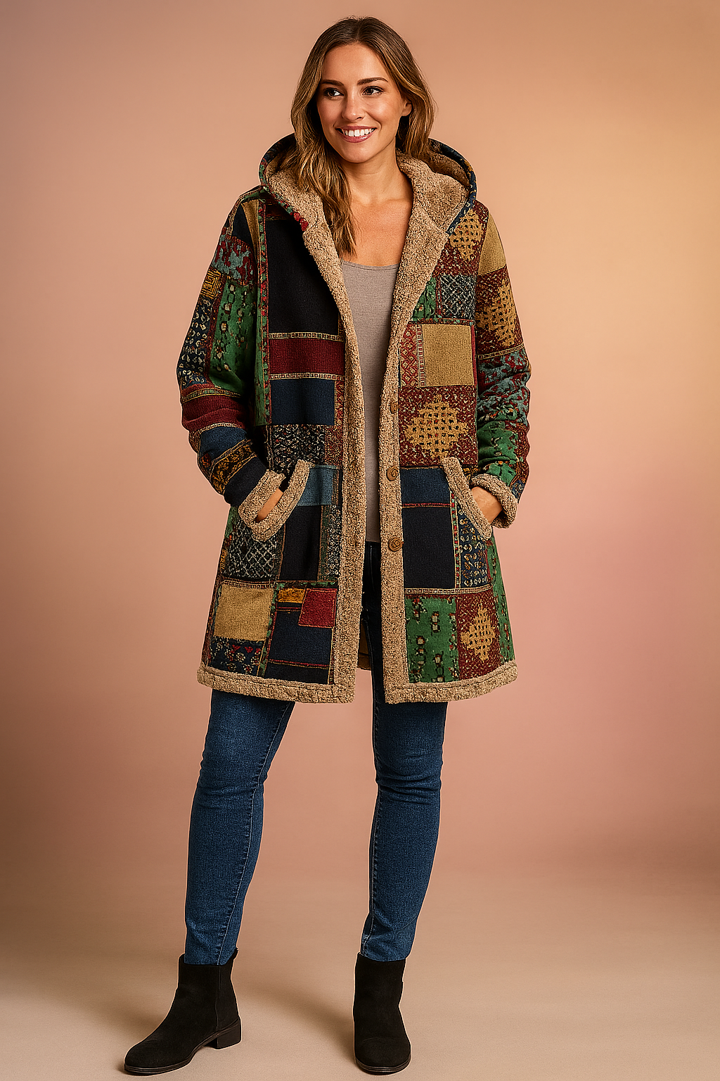 Milena | Long fleece jacket with a hood and a patchwork pattern