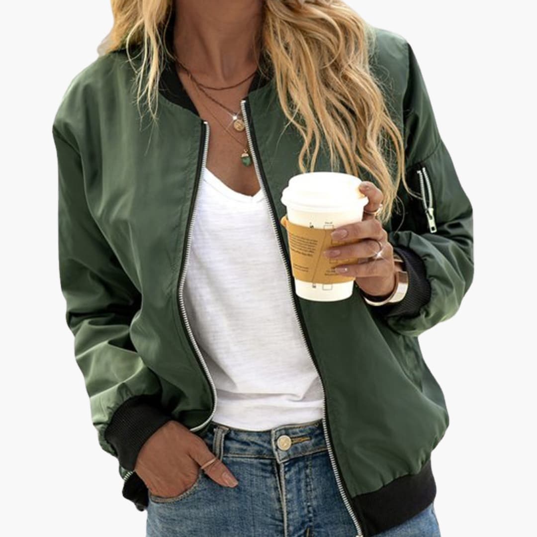 Stylish Women's Bomber Jacket with Ribbed Collar and Cuffs for Casual Everyday Wear