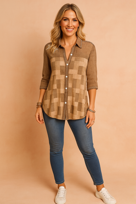 Tressa | Patchwork button-down shirt with 3/4 sleeves