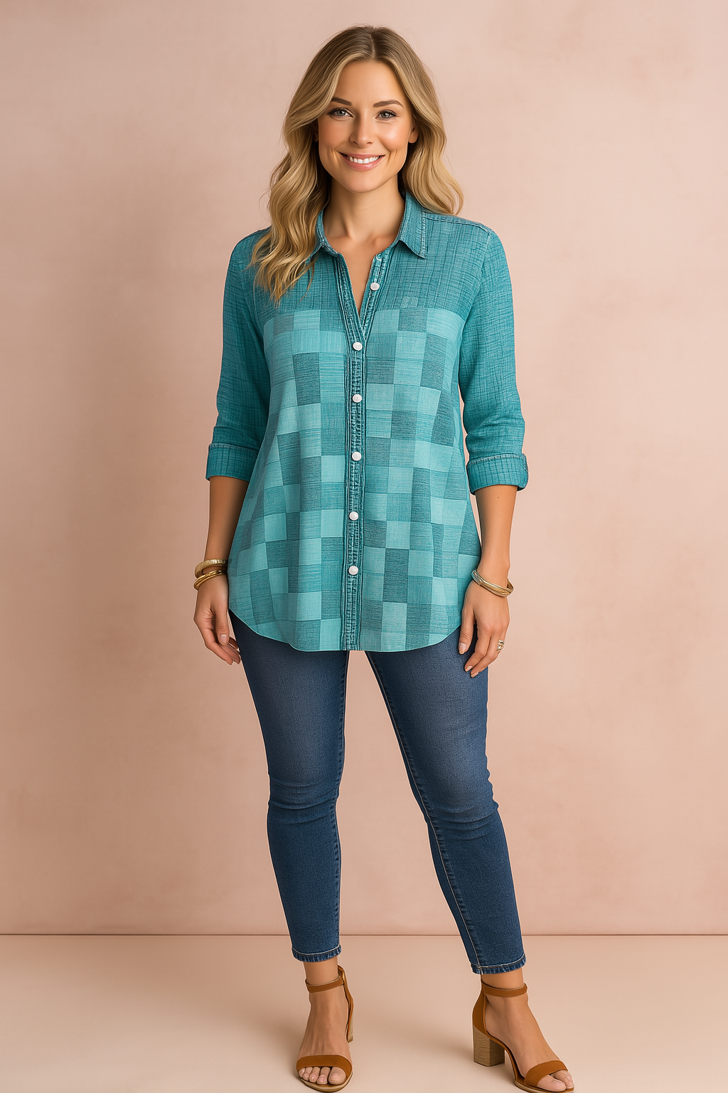 Tressa | Patchwork button-down shirt with 3/4 sleeves