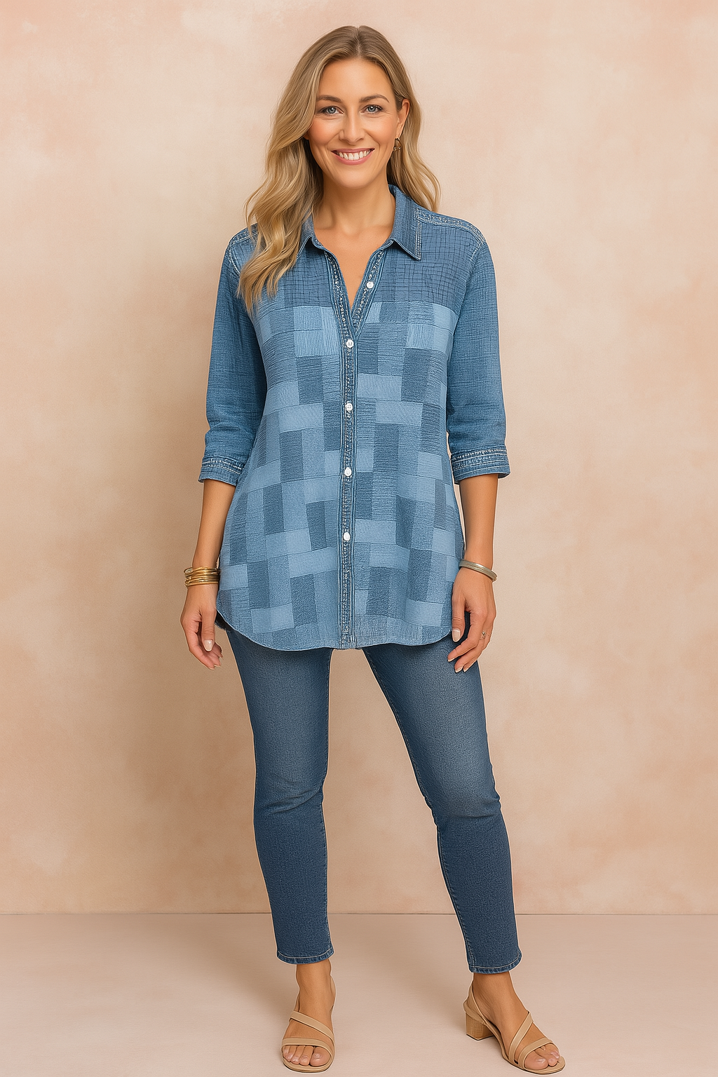 Tressa | Patchwork button-down shirt with 3/4 sleeves