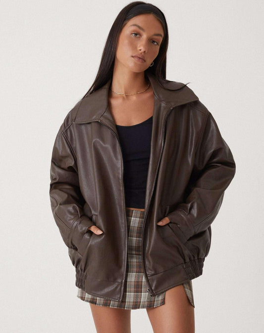 Women's Oversized Leather Jacket - Stylish Bomber Coat for Effortless Modern Looks