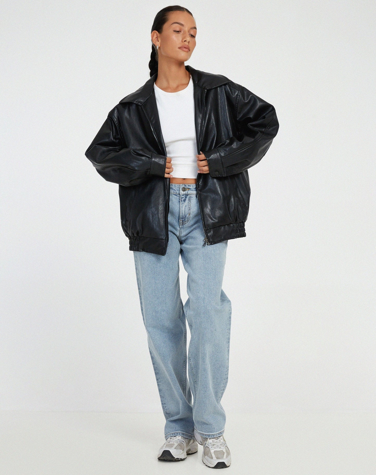 Women's Oversized Leather Jacket - Stylish Bomber Coat for Effortless Modern Looks