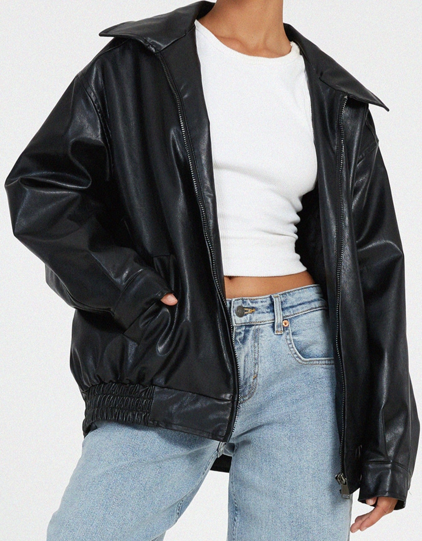 Women's Oversized Leather Jacket - Stylish Bomber Coat for Effortless Modern Looks