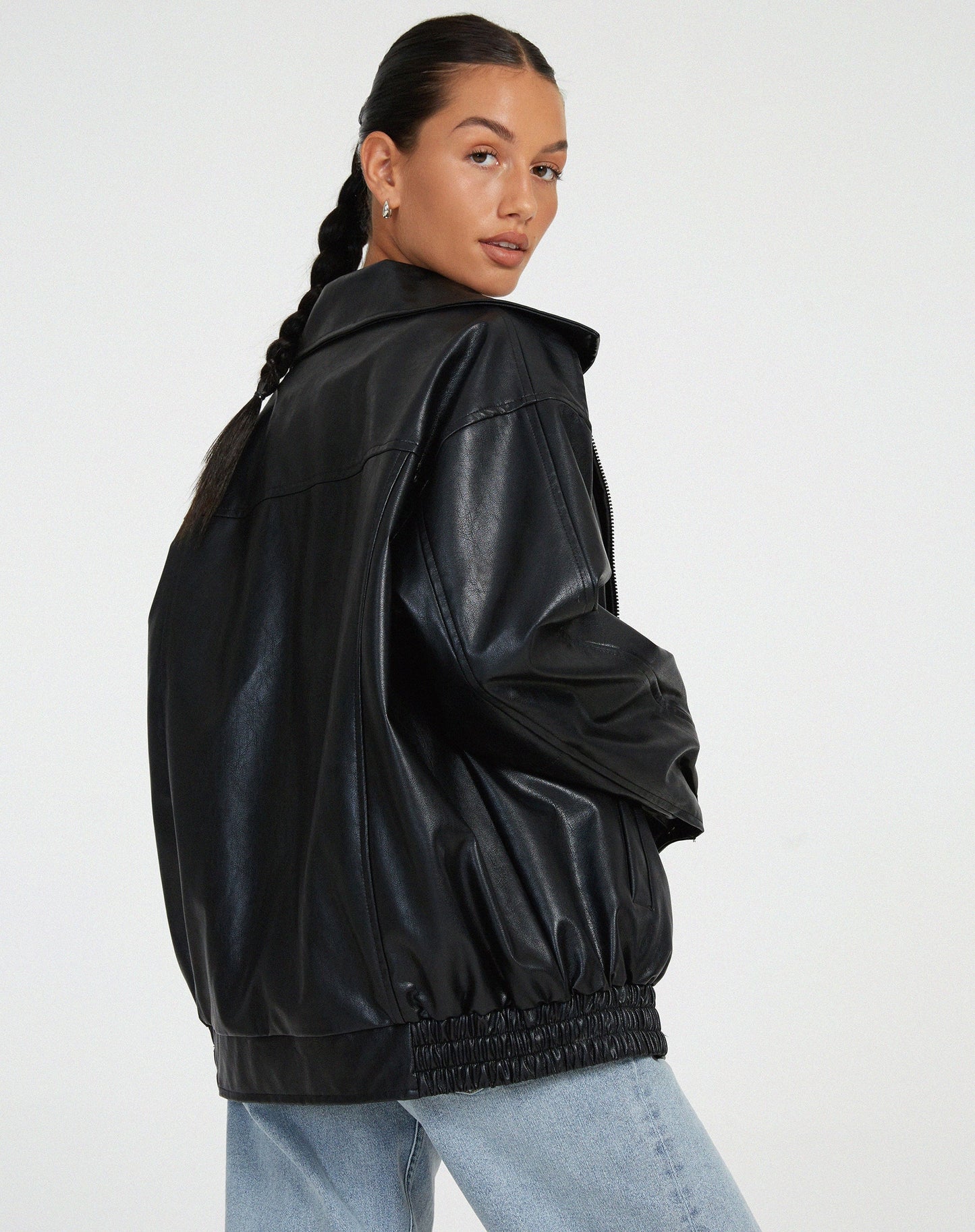 Women's Oversized Leather Jacket - Stylish Bomber Coat for Effortless Modern Looks