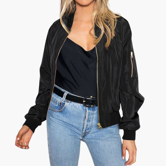 Women's Stylish Bomber Jacket with Functional Pockets and Zip Closure for Versatile Casual Wear
