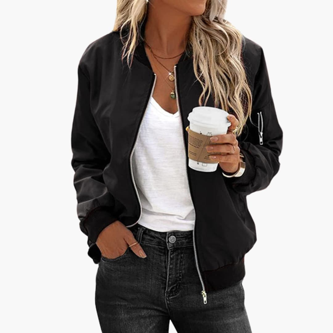 Women's Stylish Bomber Jacket with Functional Pockets and Zip Closure for Versatile Casual Wear