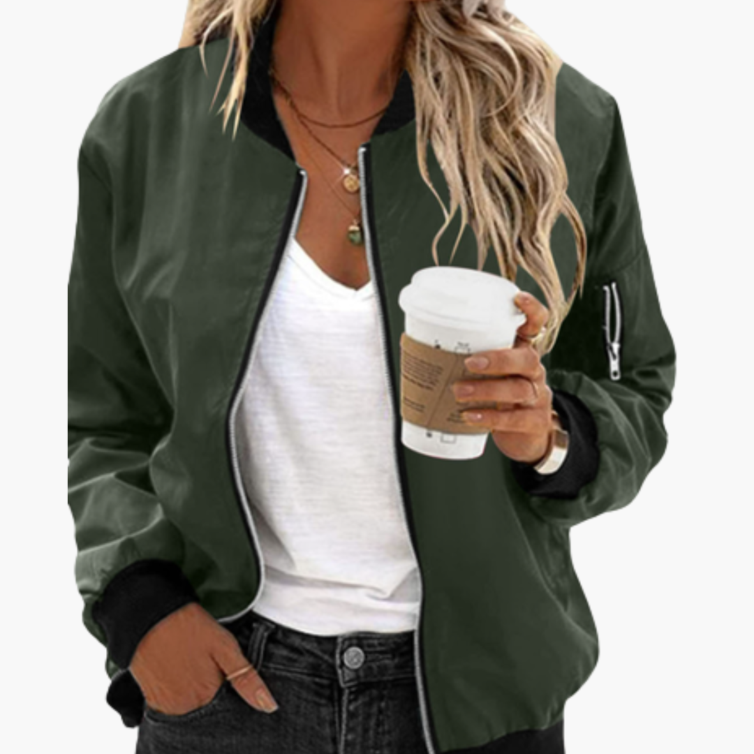 Women's Stylish Bomber Jacket with Functional Pockets and Zip Closure for Versatile Casual Wear