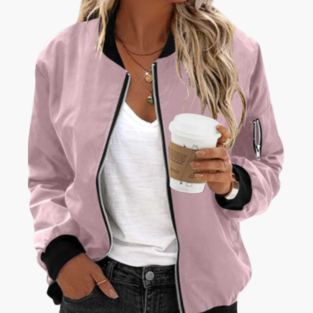 Women's Stylish Bomber Jacket with Functional Pockets and Zip Closure for Versatile Casual Wear