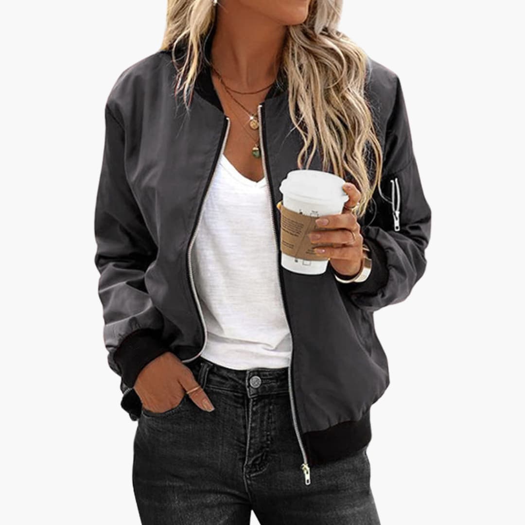 Women's Stylish Bomber Jacket with Functional Pockets and Zip Closure for Versatile Casual Wear