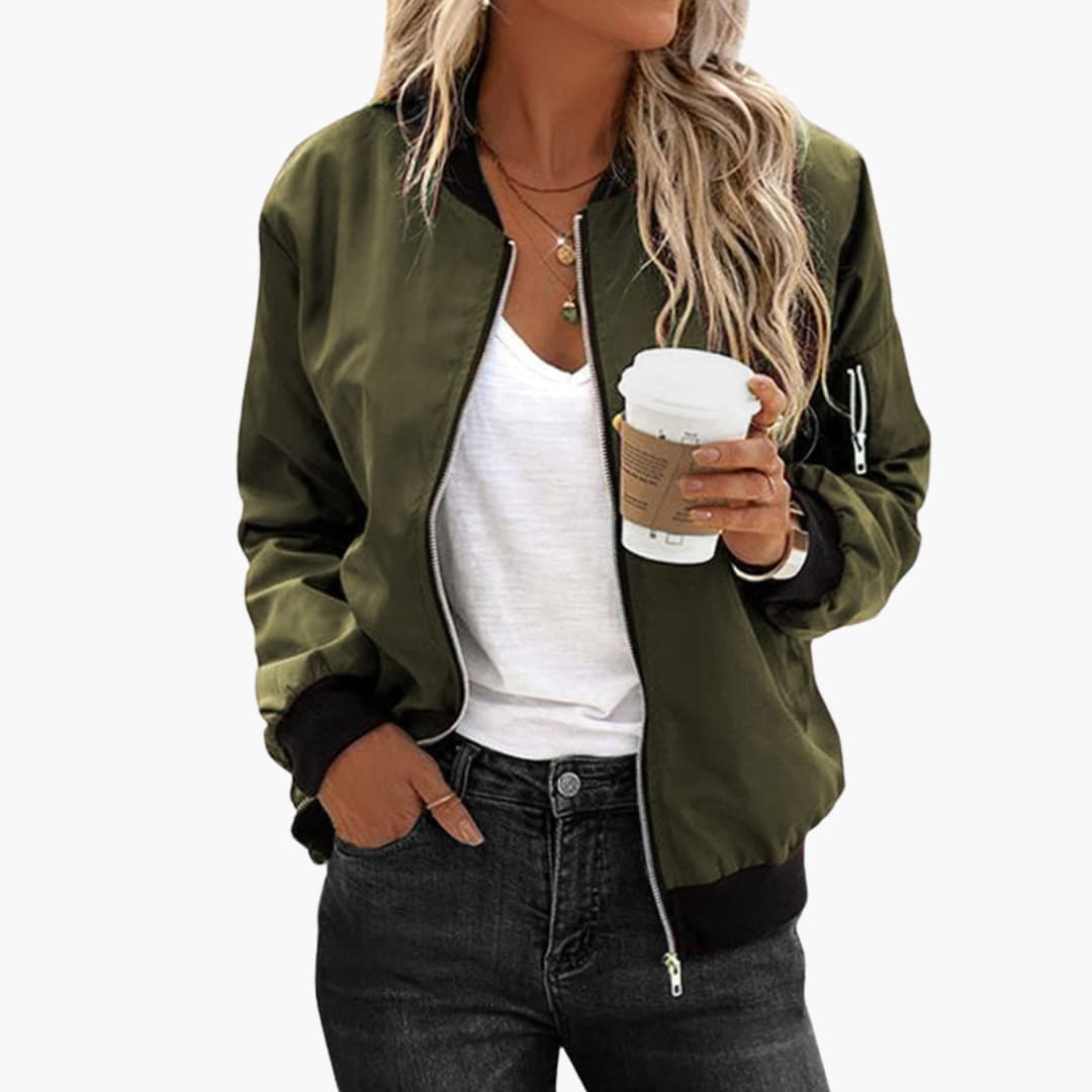 Women's Stylish Bomber Jacket with Functional Pockets and Zip Closure for Versatile Casual Wear