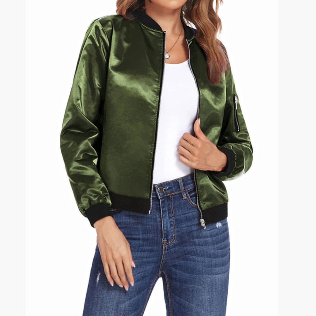 Women's Stylish Bomber Jacket with Functional Pockets and Zip Closure for Versatile Casual Wear
