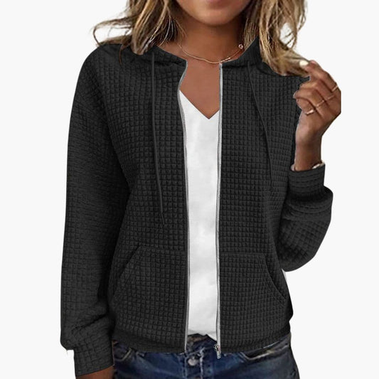 Women's Waffle Textured Zip-Up Hoodie with Drawstring Hood