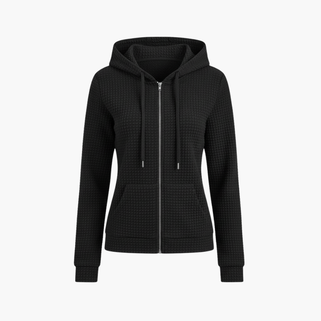 Women's Waffle Textured Zip-Up Hoodie with Drawstring Hood