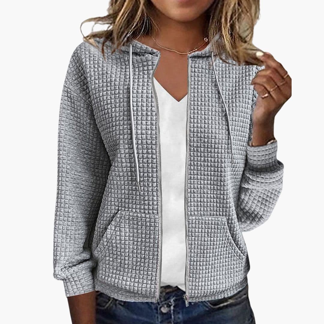 Women's Waffle Textured Zip-Up Hoodie with Drawstring Hood