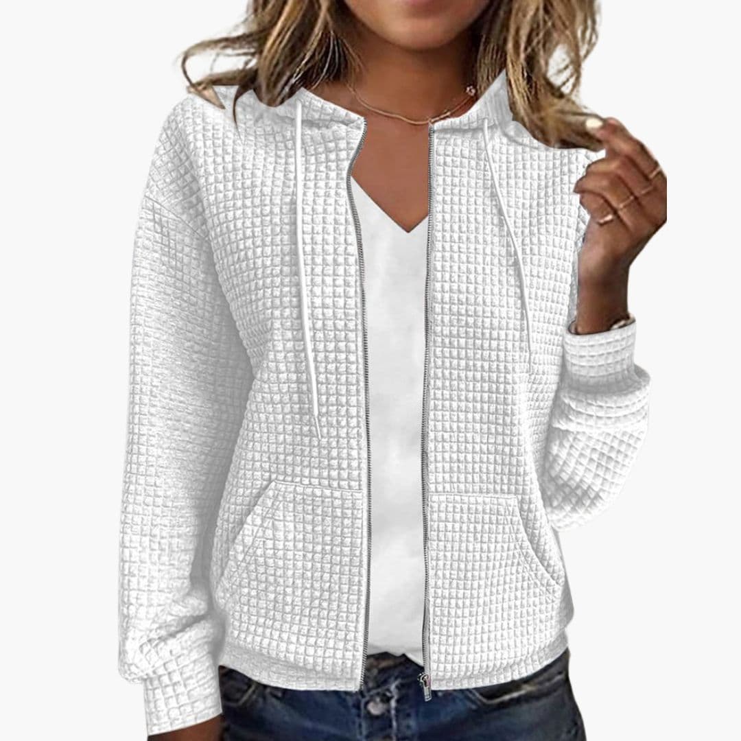 Women's Waffle Textured Zip-Up Hoodie with Drawstring Hood