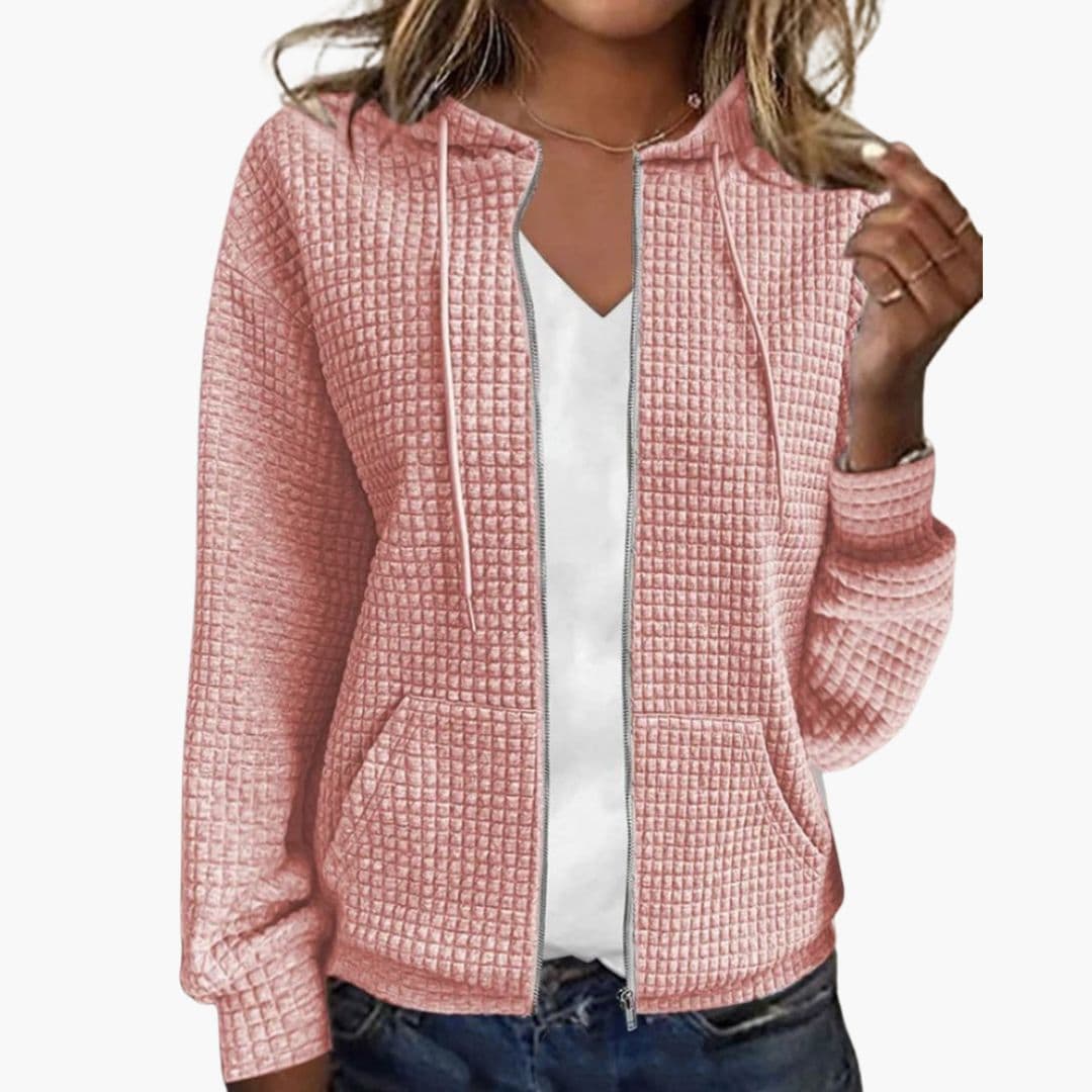 Women's Waffle Textured Zip-Up Hoodie with Drawstring Hood