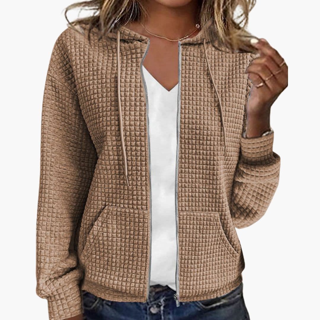Women's Waffle Textured Zip-Up Hoodie with Drawstring Hood